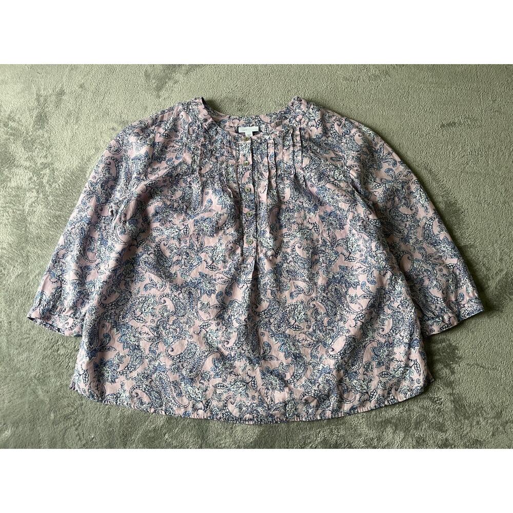 J Jill Love Linen Blouse Top XL Printed Pintucked Popover Lagenlook Coastal Boho - Picture 10 of 16